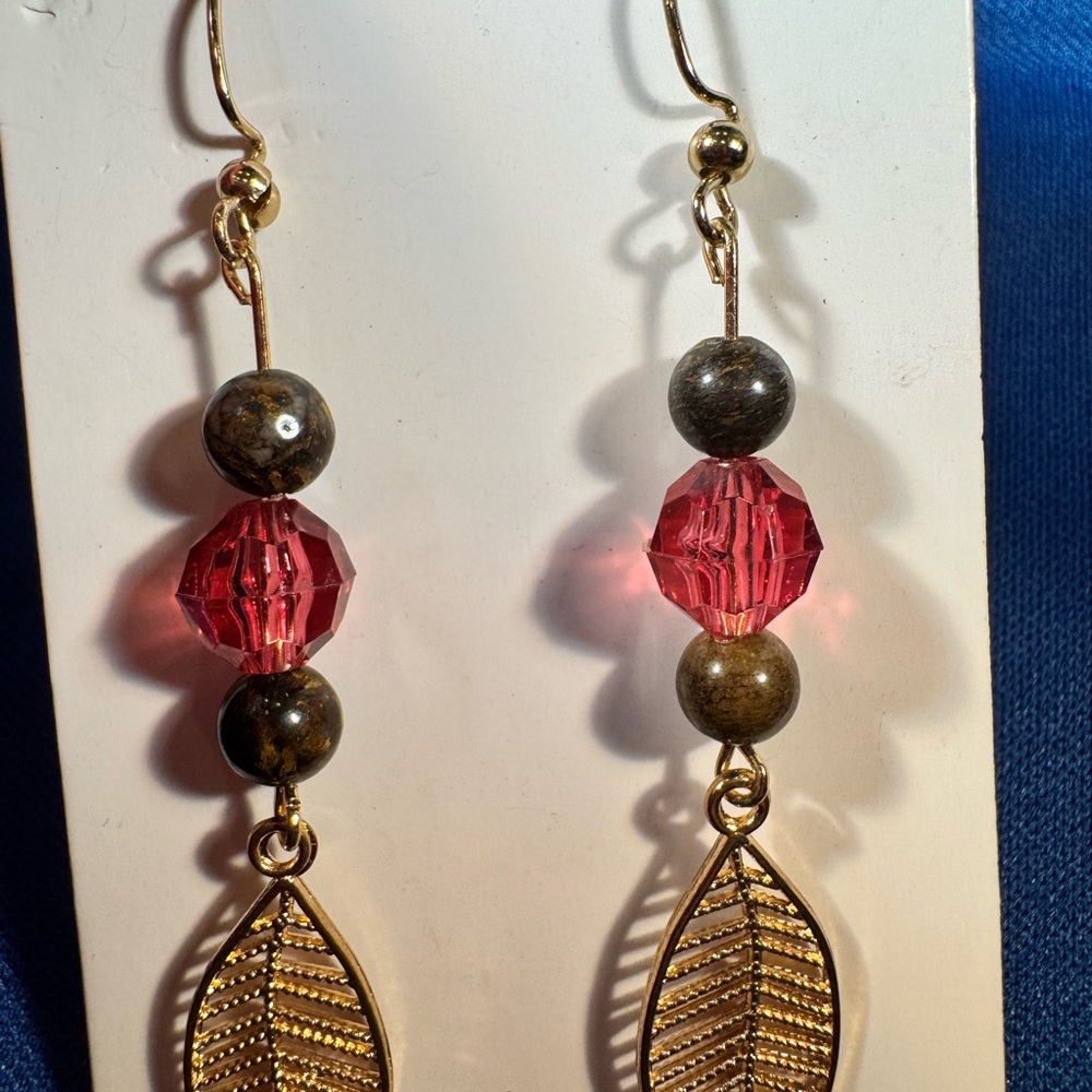 Elegant Gold and Red Leaf Dangle Earrings